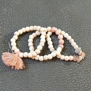 Set of 3 Natural Bead Stretch Boho Bracelets with Tassel